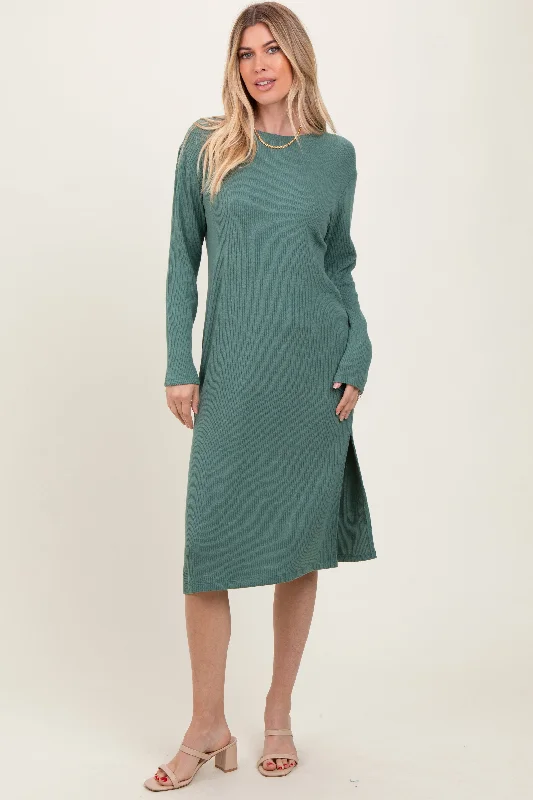 Olive Ribbed Knit Long Sleeve Side Slit Midi Dress