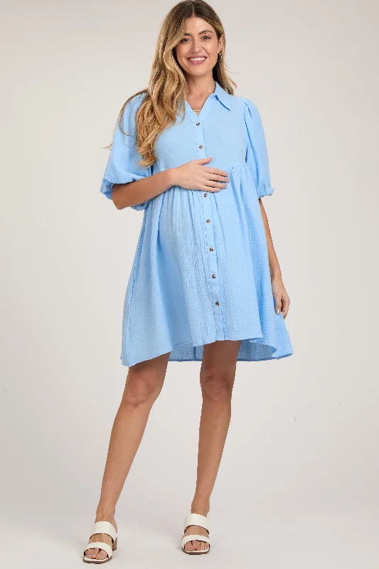 Light Blue Button Down Bubble Sleeve Collared Maternity DressCasual Dress