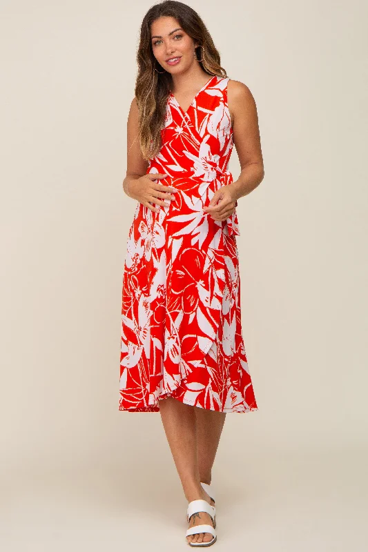 Red Flower Side Tie Maternity Wrap DressOffice Dress