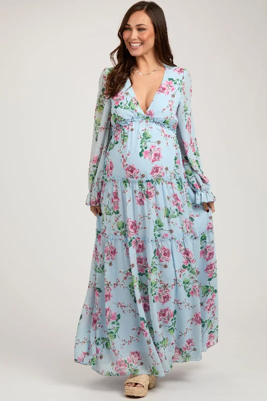 Blue Floral Chiffon Ruffle Tiered Maternity Maxi DressCrinoline Dress