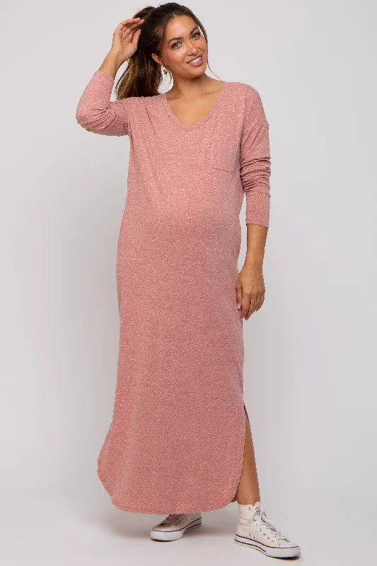 Pink Heathered Pocketed Long Sleeve Maternity Maxi Dress