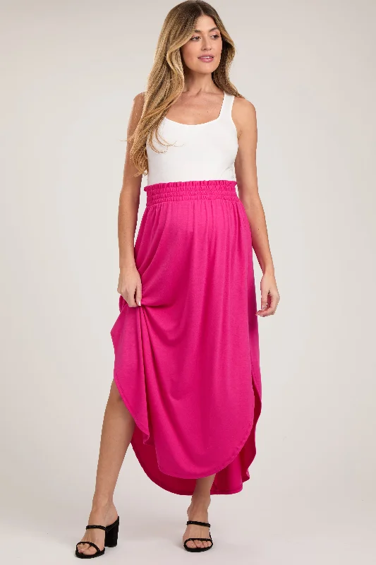 Ball SkirtFuchsia Smocked Rounded Hem Maternity Maxi Skirt