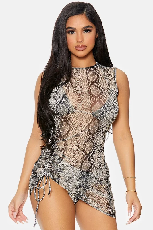 Reptile Snake Print Full Coverage Ruched Mesh Sleeveless Pool Swimwear Coverup DressDesigner Dress