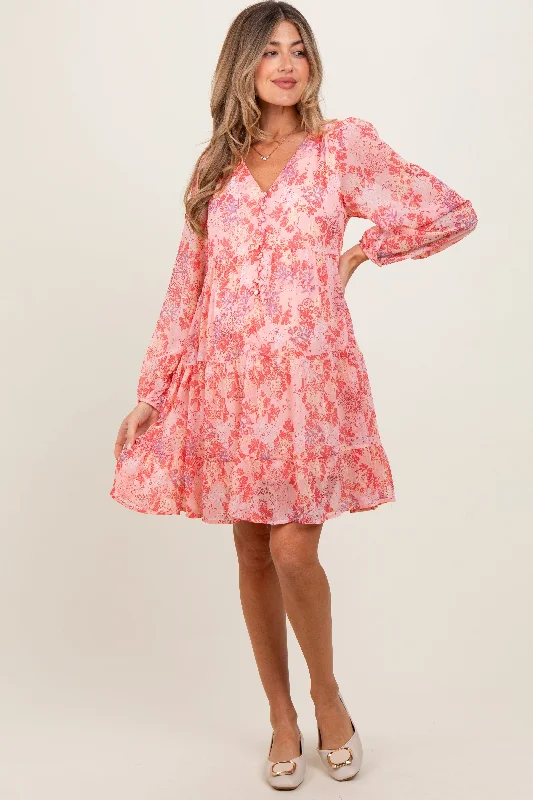 Pink Floral Chiffon Babydoll Long Sleeve Maternity Dress