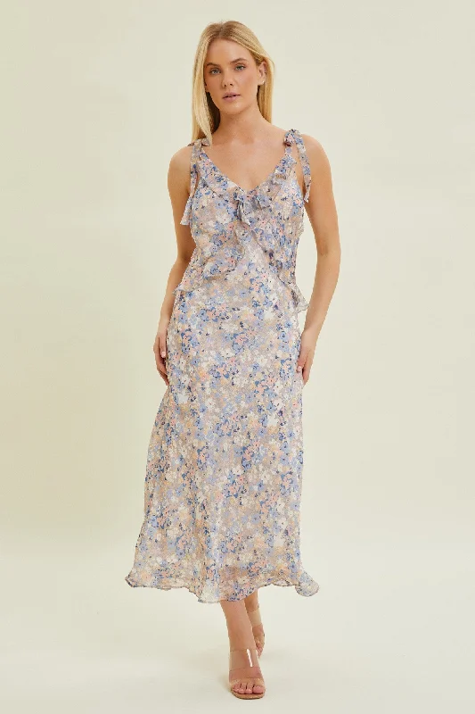 Taupe Multi Floral Chiffon DressBall Gown