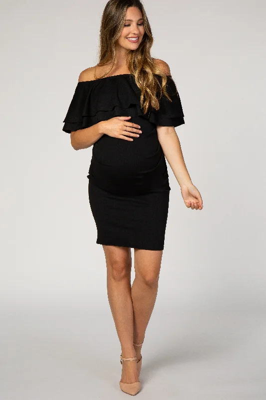 Black Off Shoulder Ruched Maternity DressPeplum Dress