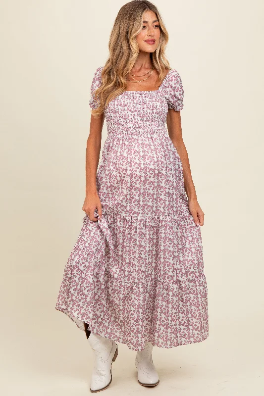 Mauve Floral Puff Sleeve Smocked Maternity Maxi DressModern Dress