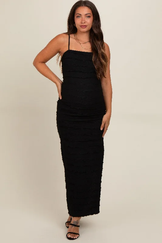 Black Ruffle Detail Maternity Side Slit Maxi DressMidi Dress