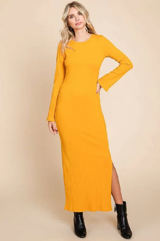 Yellow Ribbed Side Slit Maxi DressProm Dress