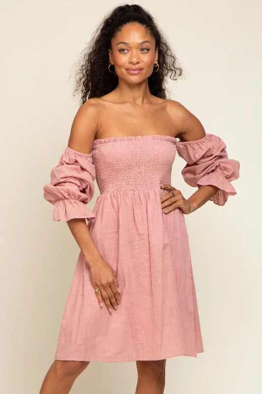 Pink Smocked Off Shoulder Long Sleeve Dress