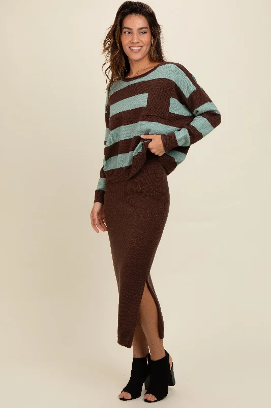 Utility SkirtBrown Striped Sweater And Fitted Midi Skirt Set