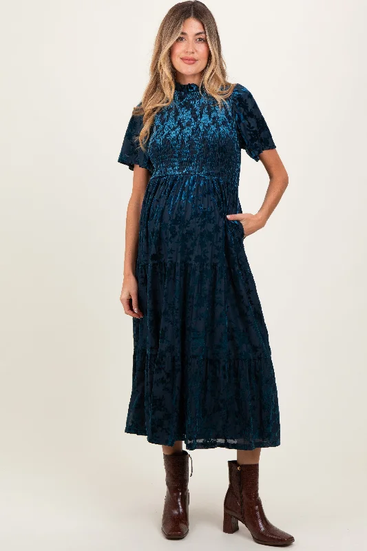 Navy Floral Velvet Print Smocked Maternity Midi DressEmbroidered Dress