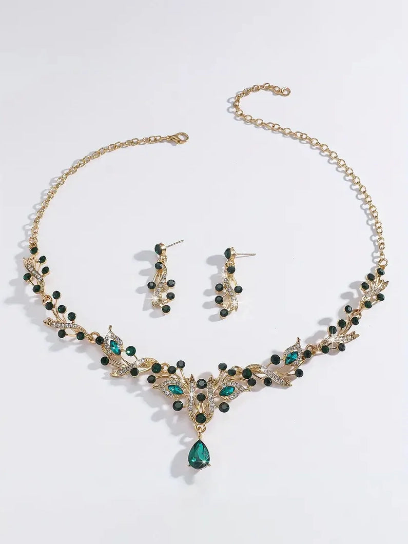 Rhinestone Zirconia Inlay Necklace and Earring Set in Green and Gold