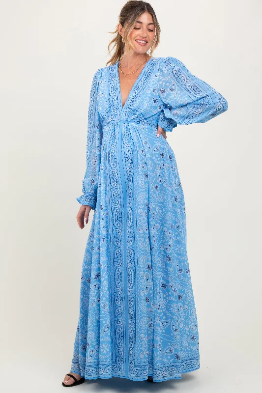 Light Blue Paisley Deep V-Neck Long Sleeve Maternity Maxi Dress