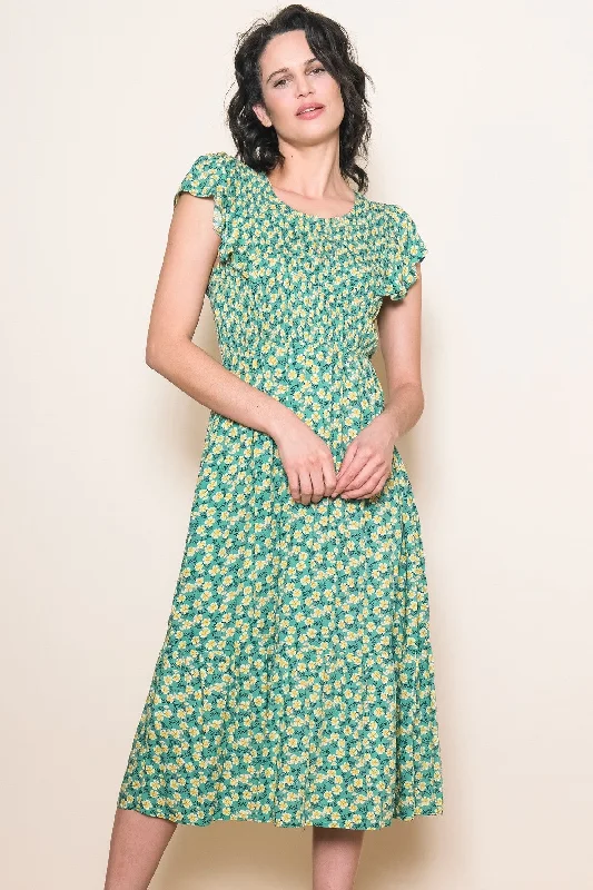 Green Floral Smocked Midi DressLeather Dress