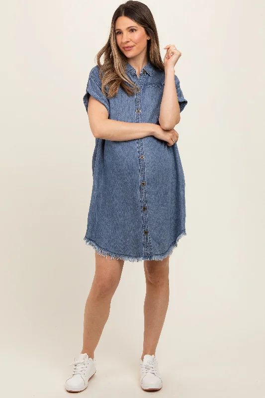 Navy Chambray Frayed Button Down Maternity DressLeather Dress