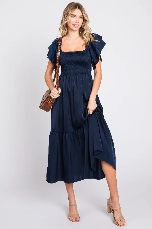 Navy Satin Flutter Sleeve Midi DressVictorian Dress