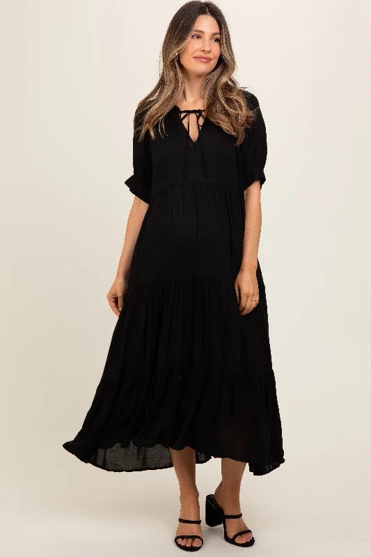 Black Lightweight Flowy Tiered Maternity Maxi DressWind Dress