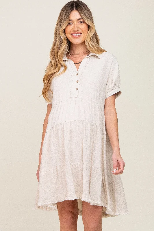 Cream Tiered Collared Linen Maternity DressRunning Dress