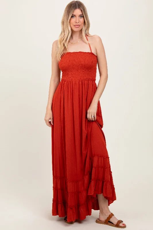 Rust Smocked Woven Maxi DressEmpire Waist Dress