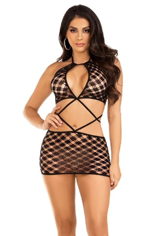 Keyhole Halter Hardcore Net Mini DressLong-sleeve Dress