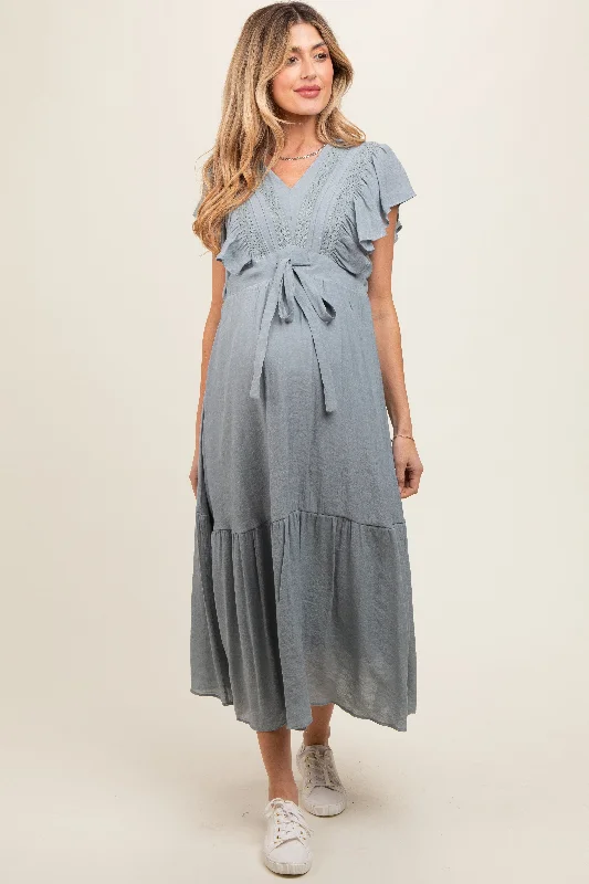 Light Blue Cuffed Sleeve Front Tie Maternity Maxi DressChiffon Dress