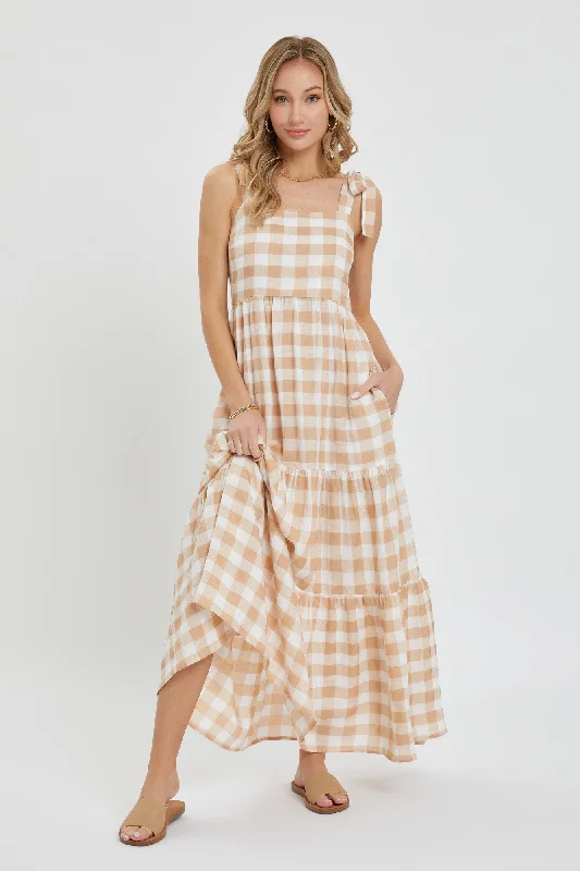 Taupe Gingham Maxi DressPrairie Dress