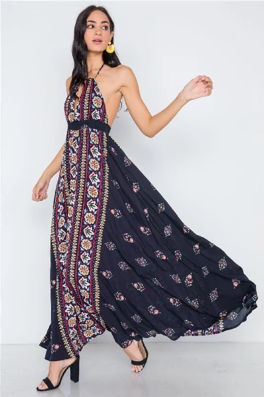 Navy Mustard Halter Neck Multi Print Maxi Dress /3-1-1Plaid Dress