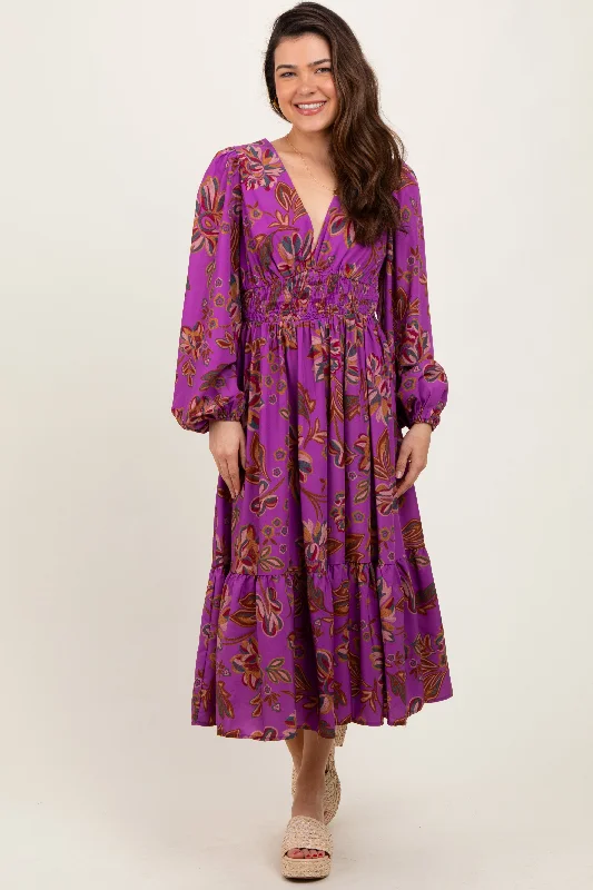 Plum Floral Smocked Waist Long Sleeve Midi Dress