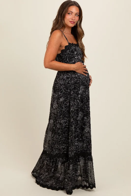 Black Floral Contrast Trim Maternity Maxi DressKaftan Dress