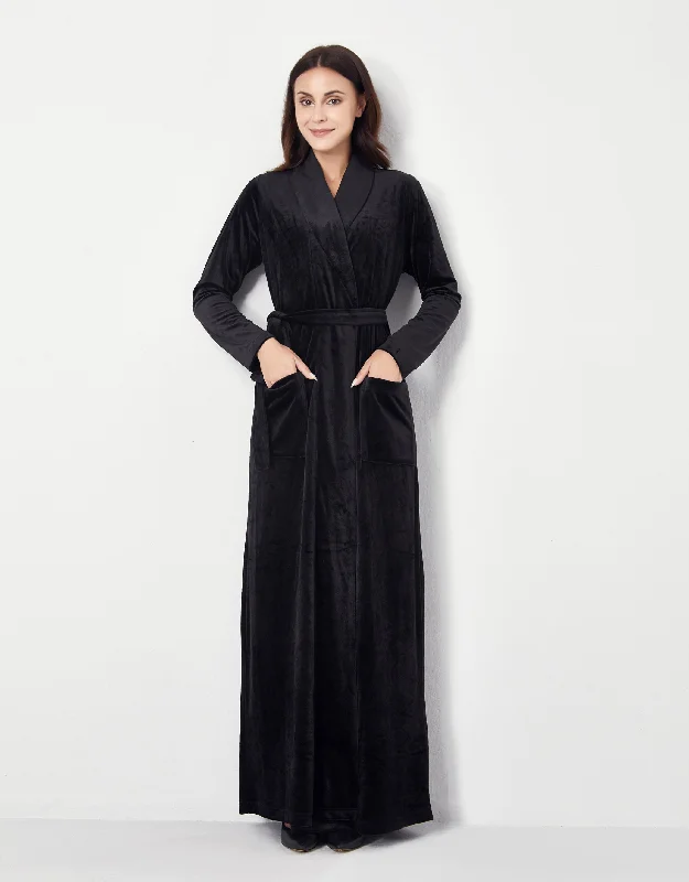 Ultra Soft Plush Velour Belted Shawl Collar Wrap Robe Black