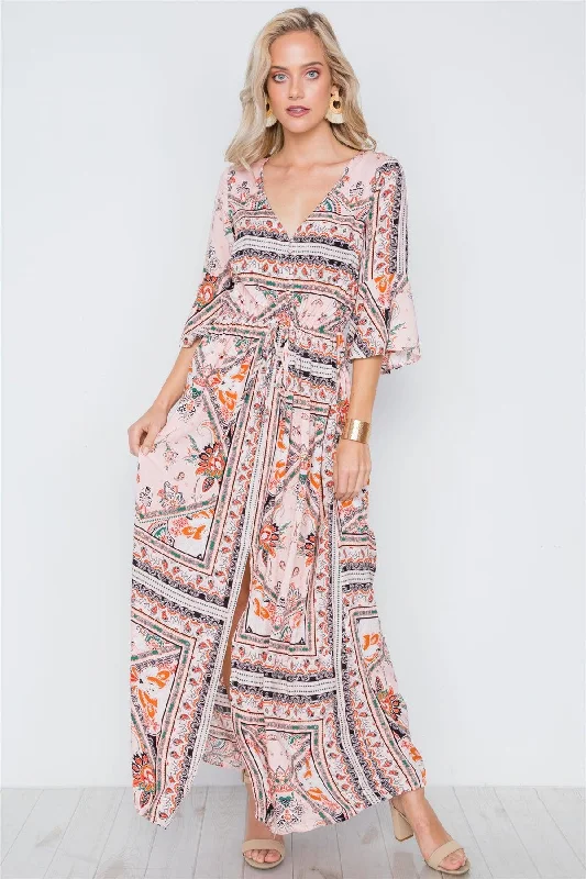 Pink Multi Print Front Slit Bell Sleeve Maxi Boho Dress /1-2-2-2-1Running Dress