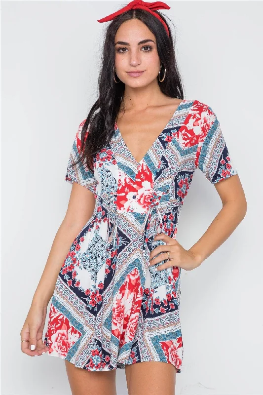 Navy Red Floral Print Short Sleeve Fit & Flair Mini Dress /2-2-2-2Short-sleeve Dress