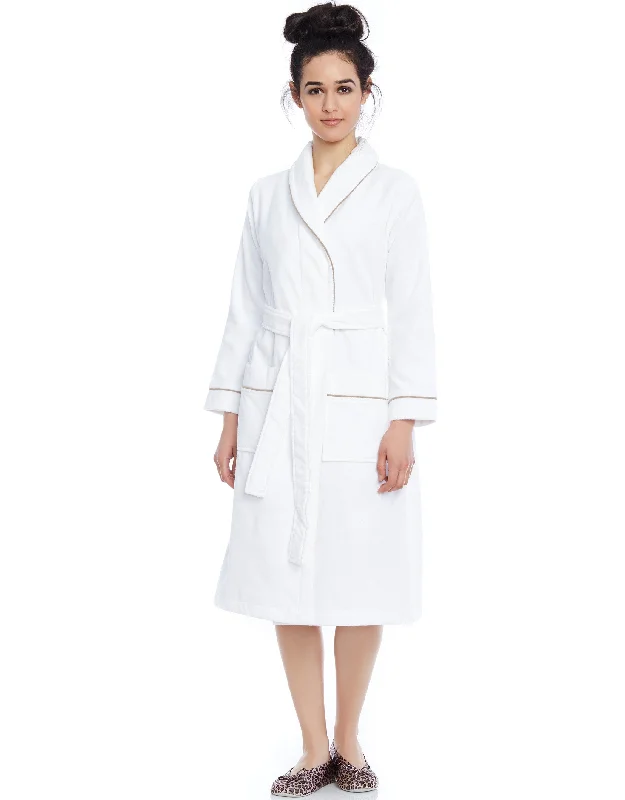 Terry Wrap Short Belted Bathrobe with Contrast Piped Trim White Mocha