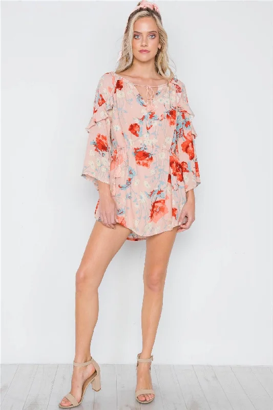 Pink Floral Print Bell Sleeves Ruffle Tunic Dress /1-2-1-1Cocktail Dress