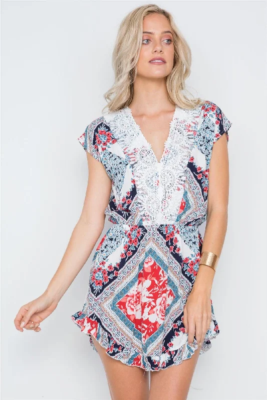 Navy Red Floral Print Ruffle Hem Mini Dress /1-3-2-1Short-sleeve Dress