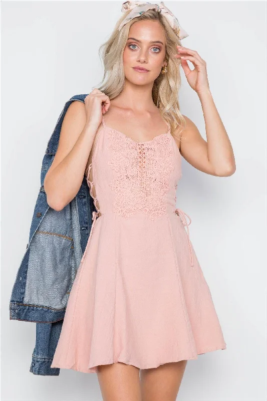 Blush Crochet Lace Up Sites Cami Mini Boho Dress /1-3-2-1Boho Dress