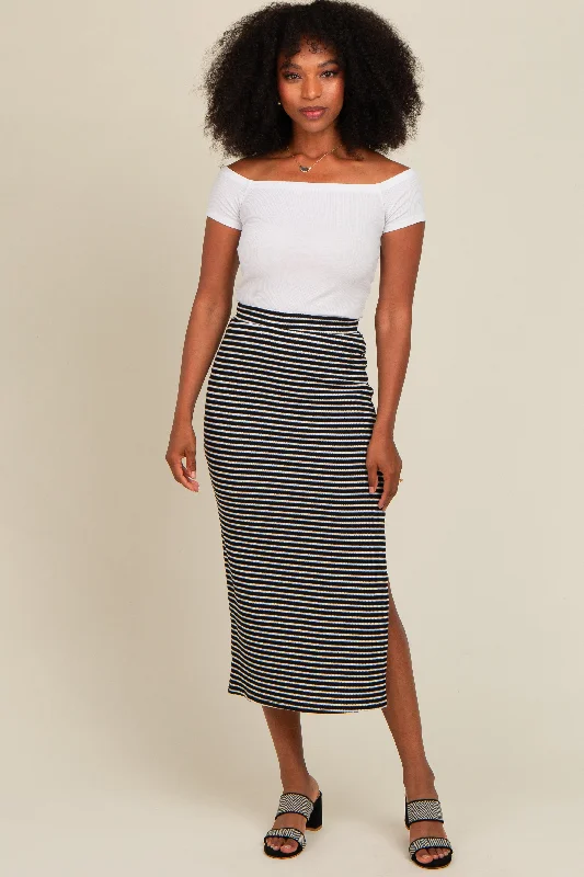 Business SkirtBlack Striped Fitted Side Slit Midi Skirt