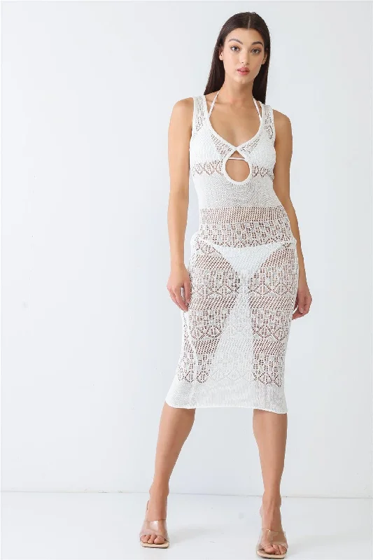 White Knit Crochet Lace Sheer Cut-Out Sleeveless Midi Dress /2-1-1Halter Dress