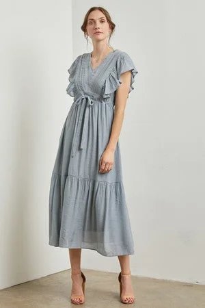 Light Blue Cuffed Sleeve Front Tie Maxi DressSatin Dress