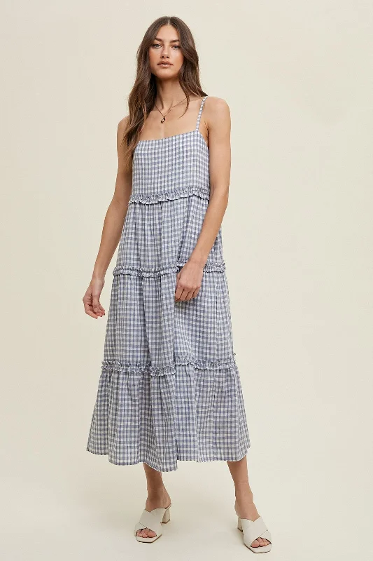 Blue Gingham Ruffle Tiered Midi DressRetro Dress