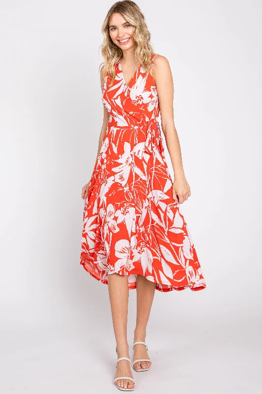 Red Flower Side Tie Wrap DressGeometric Dress