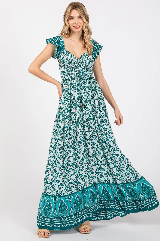 Green Floral Off Shoulder Smocked Maxi DressCocktail Dress