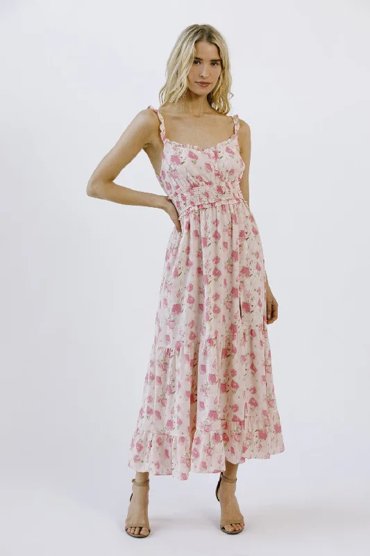 Pink Floral Print Ruffled Midi DressGolf Dress