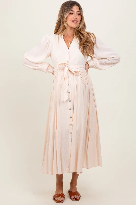 Beige Belted Long Sleeve Maternity Maxi Dress