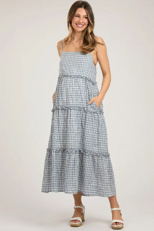 Blue Gingham Ruffle Tiered Maternity Midi DressVintage Dress