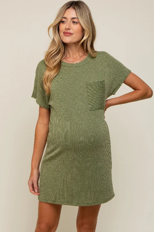 Olive Ribbed Front Pocket Dolman Short Sleeve Maternity DressMaxi Dress