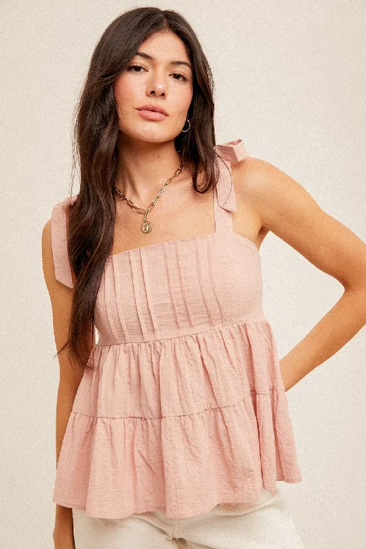 Performance tankDusty Pink Square Neck Tie Shoulder Smocked Babydoll Tank