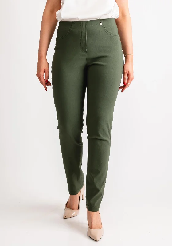 Robell Bella Full Length Slim Fit Trousers, Moss Green