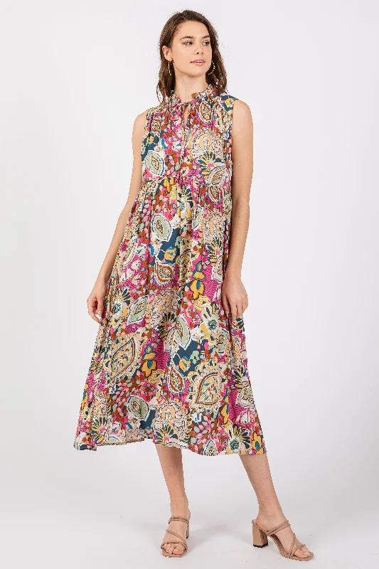 Pink Floral Paisley Mock Neck Midi DressThermal Dress